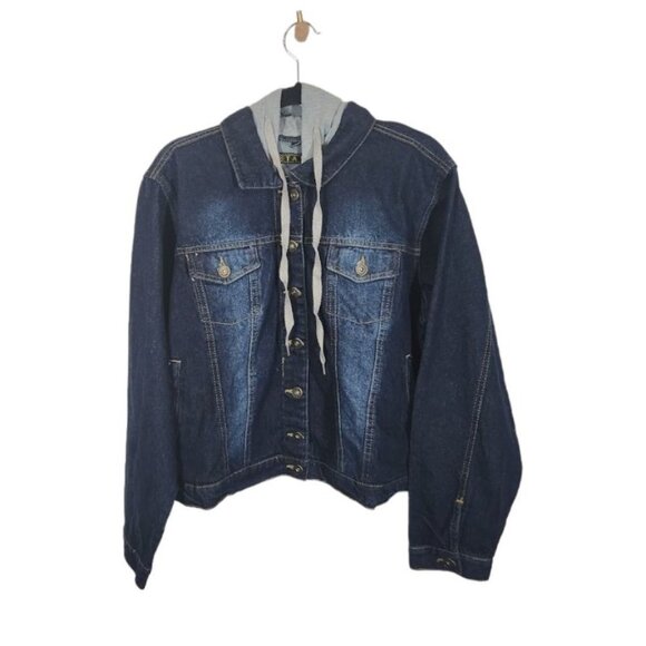NWT Taxi Sandblast Detail Hooded Denim Jacket‎ - Dark Wash - Size Medium - Picture 2 of 7